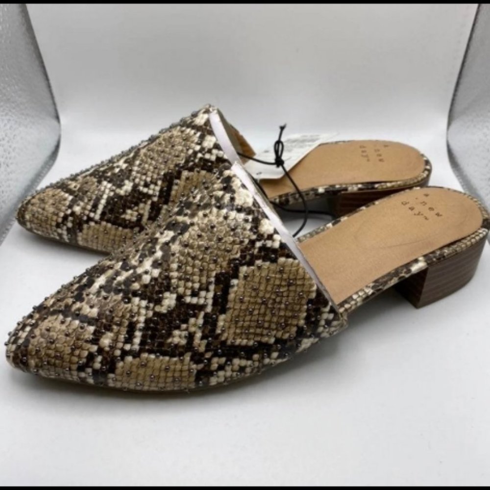 NEW Faux Snakeskin Flat Mules Studded Size 9